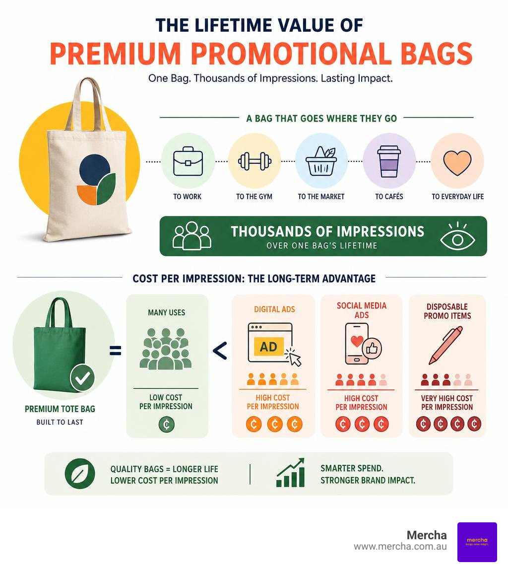 Infographic detailing the lifetime value and cost per impression of high quality promotional bags infographic