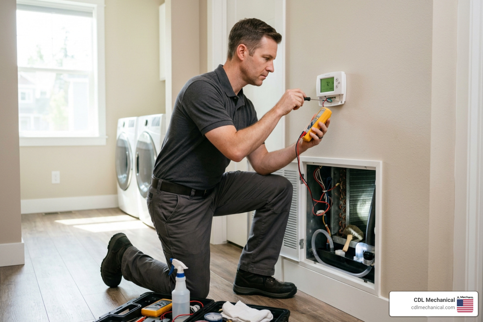 HVAC technician inspecting system thermostat calibration electrical connections coil cleaning condensate lines