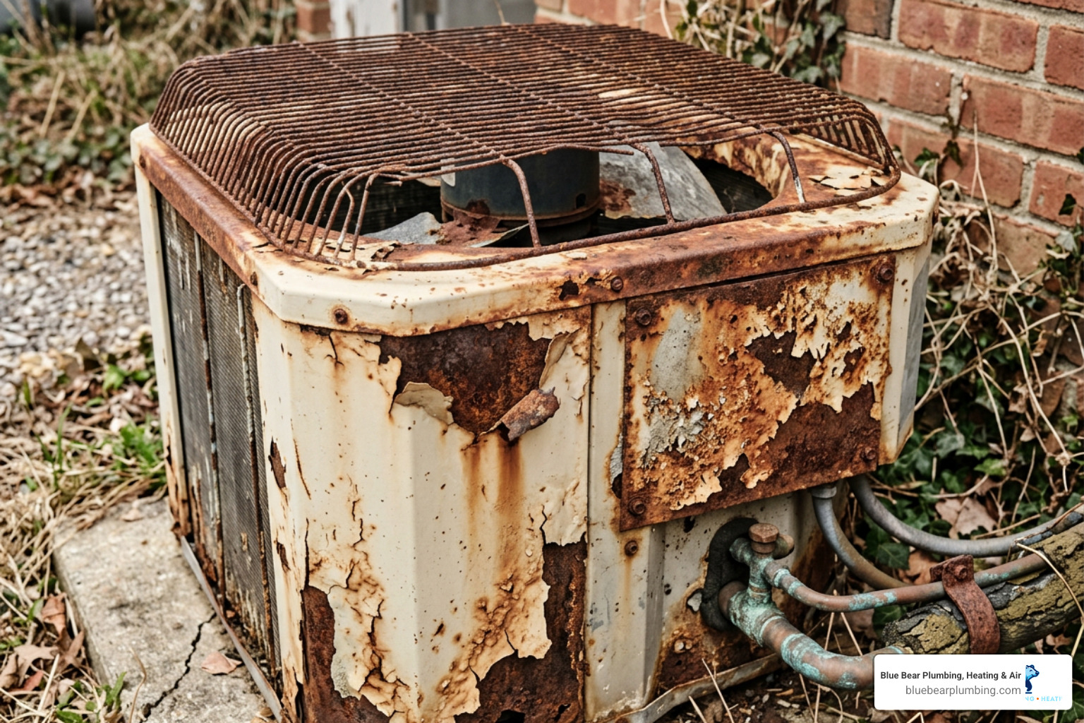 close-up of rusted and corroded outdoor air conditioning condenser unit showing signs of severe wear close-up of rusted and corroded outdoor air conditioning condenser unit showing signs of severe wear