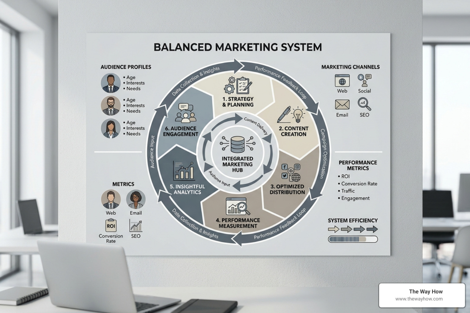 conceptual diagram representing a balanced marketing system with clear data flows and no drag conceptual diagram representing a balanced marketing system with clear data flows and no drag