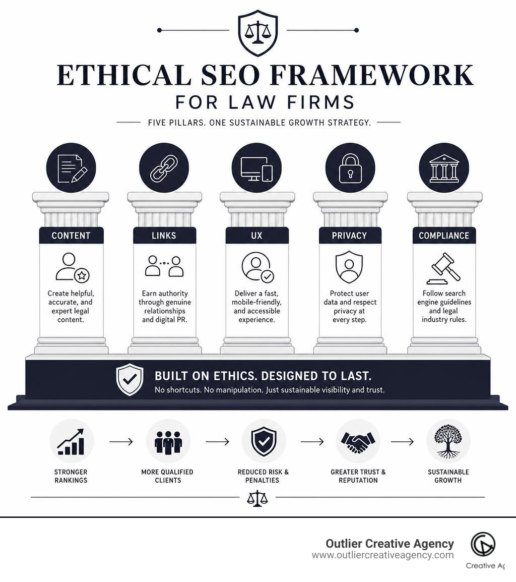 Ethical SEO framework for law firms showing content, links, UX, privacy, and compliance pillars infographic