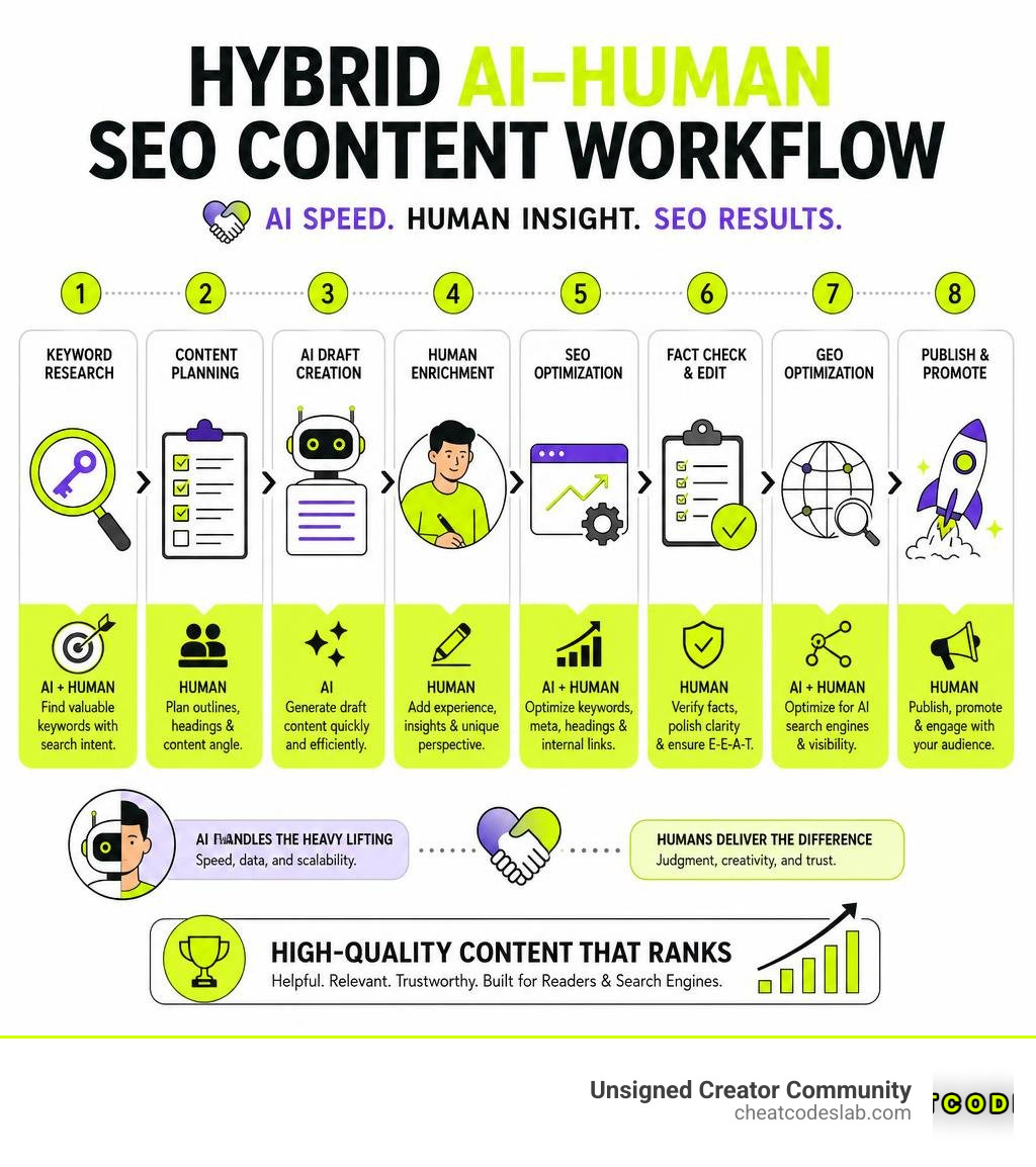 Hybrid AI-human SEO content workflow showing steps from keyword research to publishing infographic Hybrid AI-human SEO content workflow showing steps from keyword research to publishing infographic