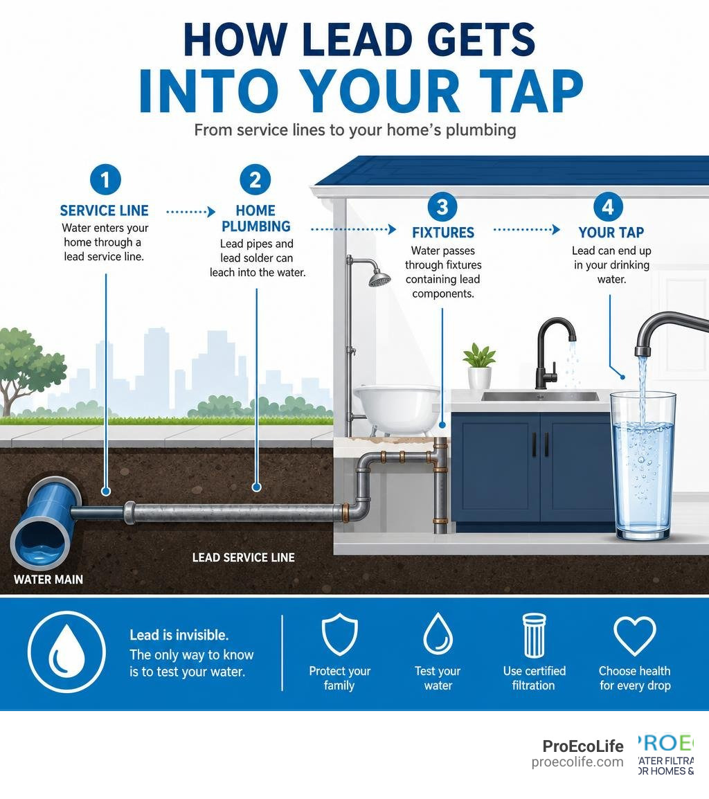 Infographic showing how lead enters household plumbing from service lines through fixtures to tap infographic