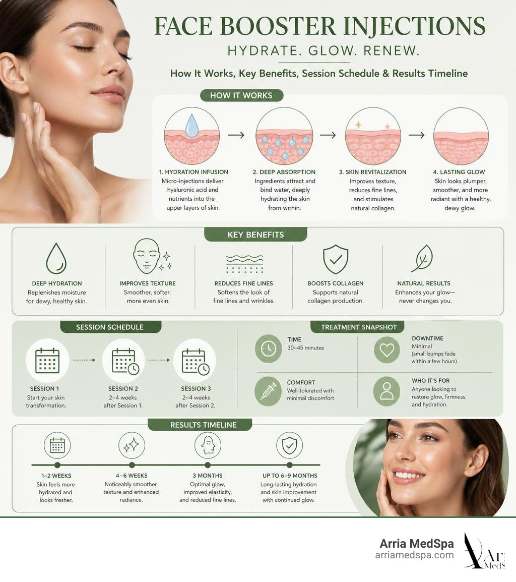 Infographic Showing How Face Booster Injections Work, Key Benefits, Session Schedule, And Results Timeline Infographic