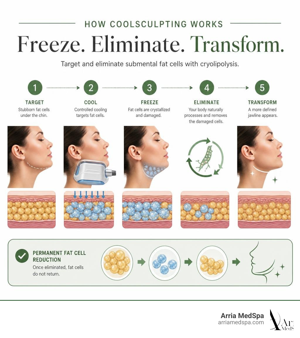 Infographic Showing How Coolsculpting Freezes Submental Fat Cells Using Cryolipolysis And How The Body Eliminates Them