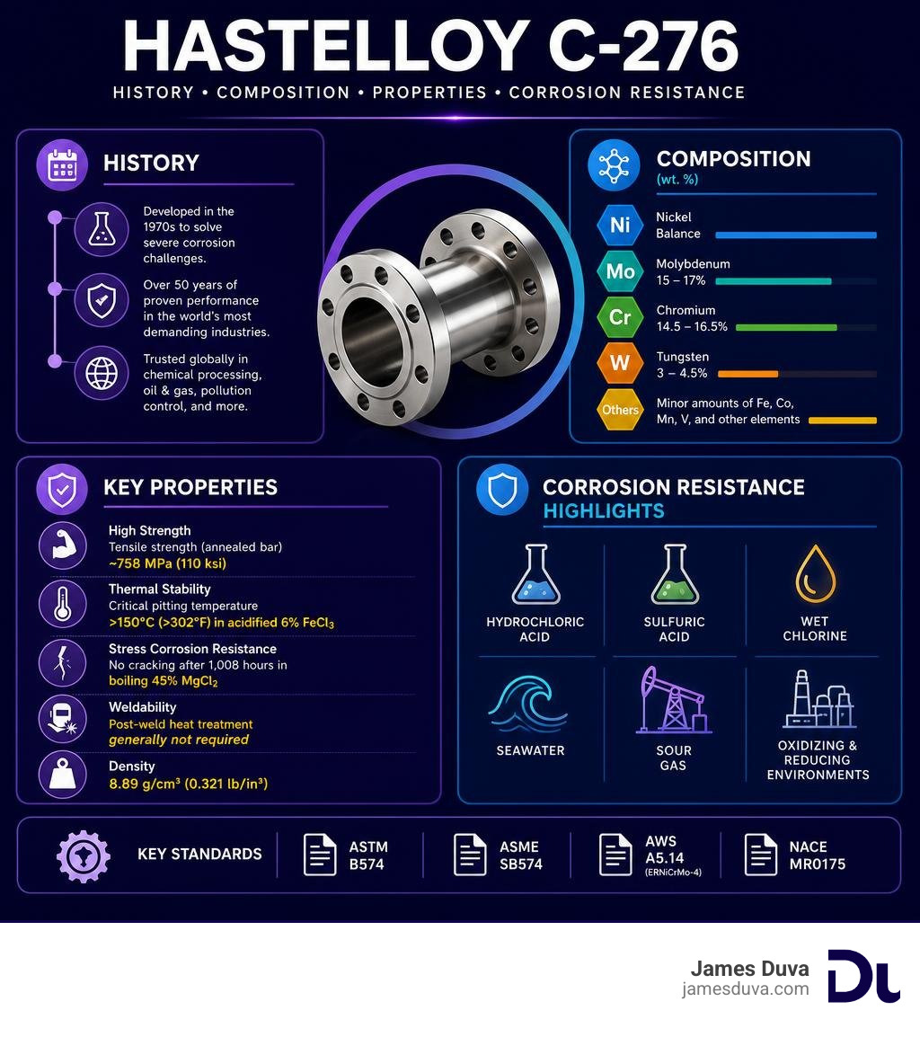 Infographic showing Hastelloy C-276 history, composition, key properties, and corrosion resistance highlights infographic Infographic showing Hastelloy C-276 history, composition, key properties, and corrosion resistance highlights infographic