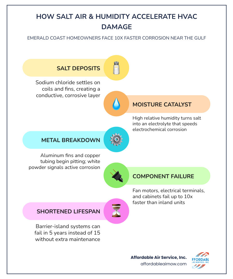 Infographic showing how salt air and humidity increase HVAC maintenance frequency and reduce system lifespan on the Emerald Infographic showing how salt air and humidity increase HVAC maintenance frequency and reduce system lifespan on the Emerald