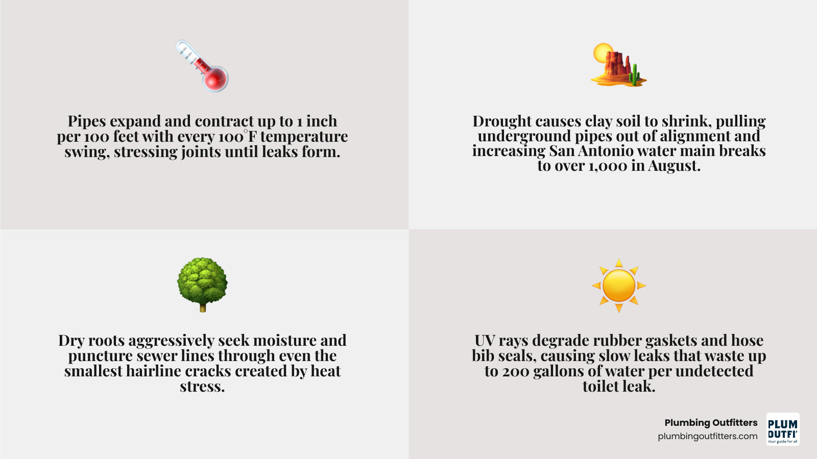 Infographic showing how summer heat affects plumbing: pipe expansion, soil shift, root intrusion, UV damage, water pressure Infographic showing how summer heat affects plumbing: pipe expansion, soil shift, root intrusion, UV damage, water pressure