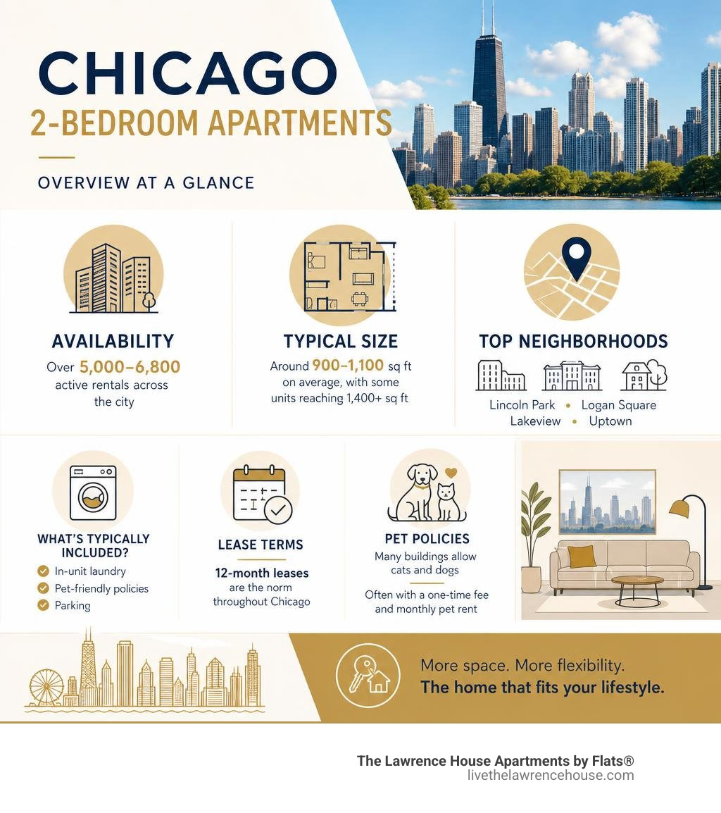 Infographic: Chicago 2-bedroom apartments overview — availability, size, neighborhoods, lease terms, pet policies infographic