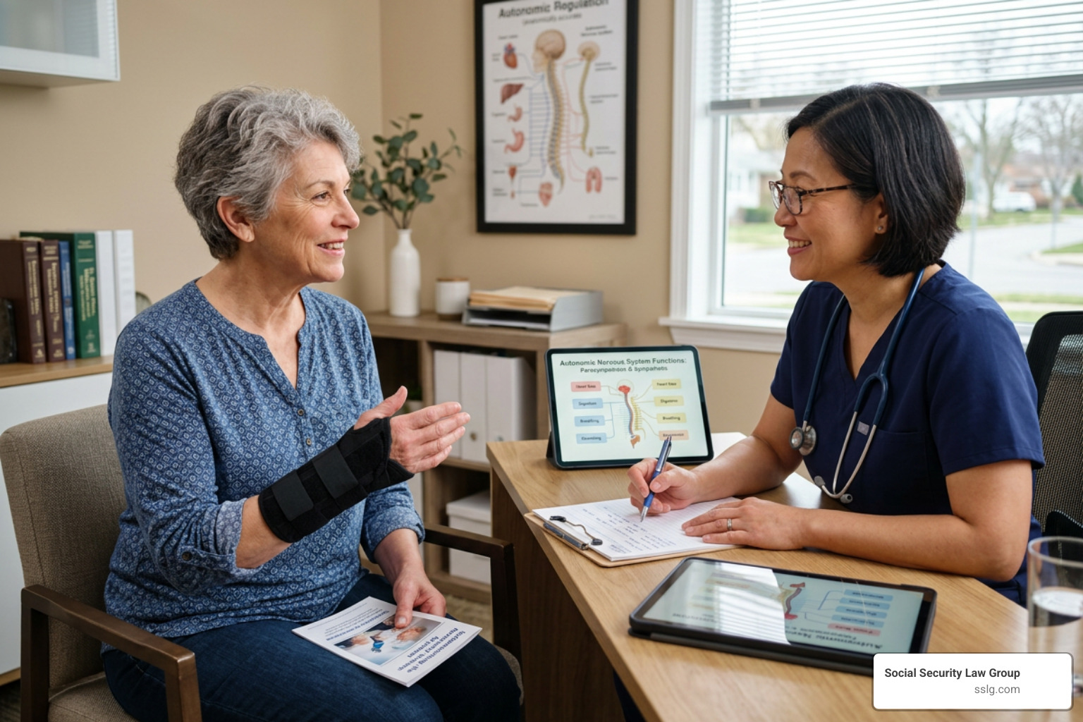 An active 60 year old woman wearing a supportive wrist brace discussing autonomic nervous system functions with her An active 60 year old woman wearing a supportive wrist brace discussing autonomic nervous system functions with her