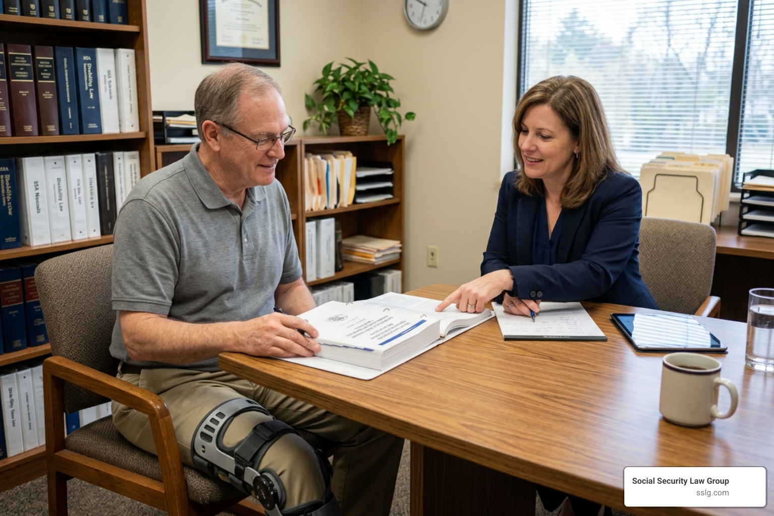 An active 60 year old man with a knee brace reviewing the SSA Blue Book guidelines with his legal representative An active 60 year old man with a knee brace reviewing the SSA Blue Book guidelines with his legal representative