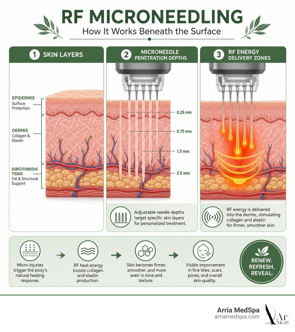 Infographic showing skin layers, microneedle penetration depths, and RF energy delivery zones infographic Infographic Showing Skin Layers, Microneedle Penetration Depths, And Rf Energy Delivery Zones Infographic