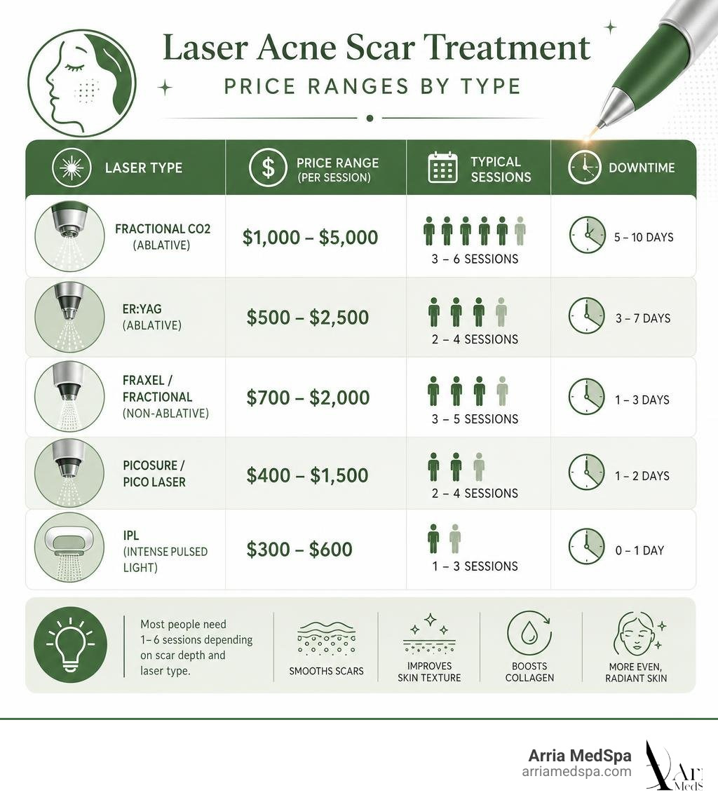 Infographic Showing Laser Acne Scar Treatment Price Ranges By Type With Session Counts And Downtime Infographic