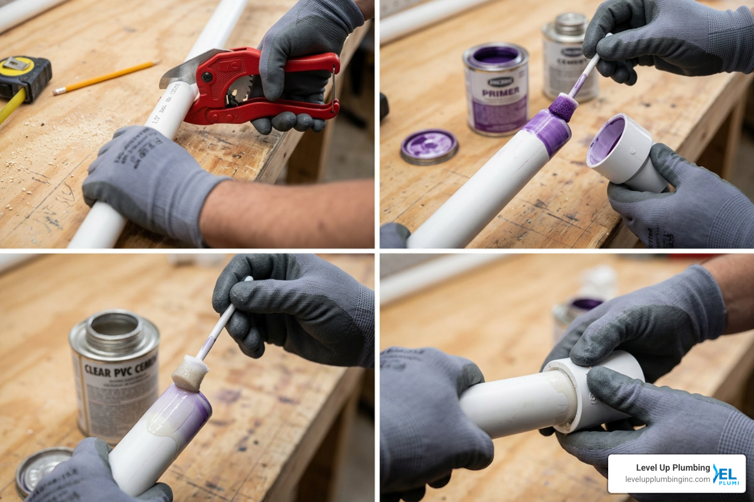 Step-by-step graphic of cutting, priming, gluing, and joining a PVC pipe Step-by-step graphic of cutting, priming, gluing, and joining a PVC pipe