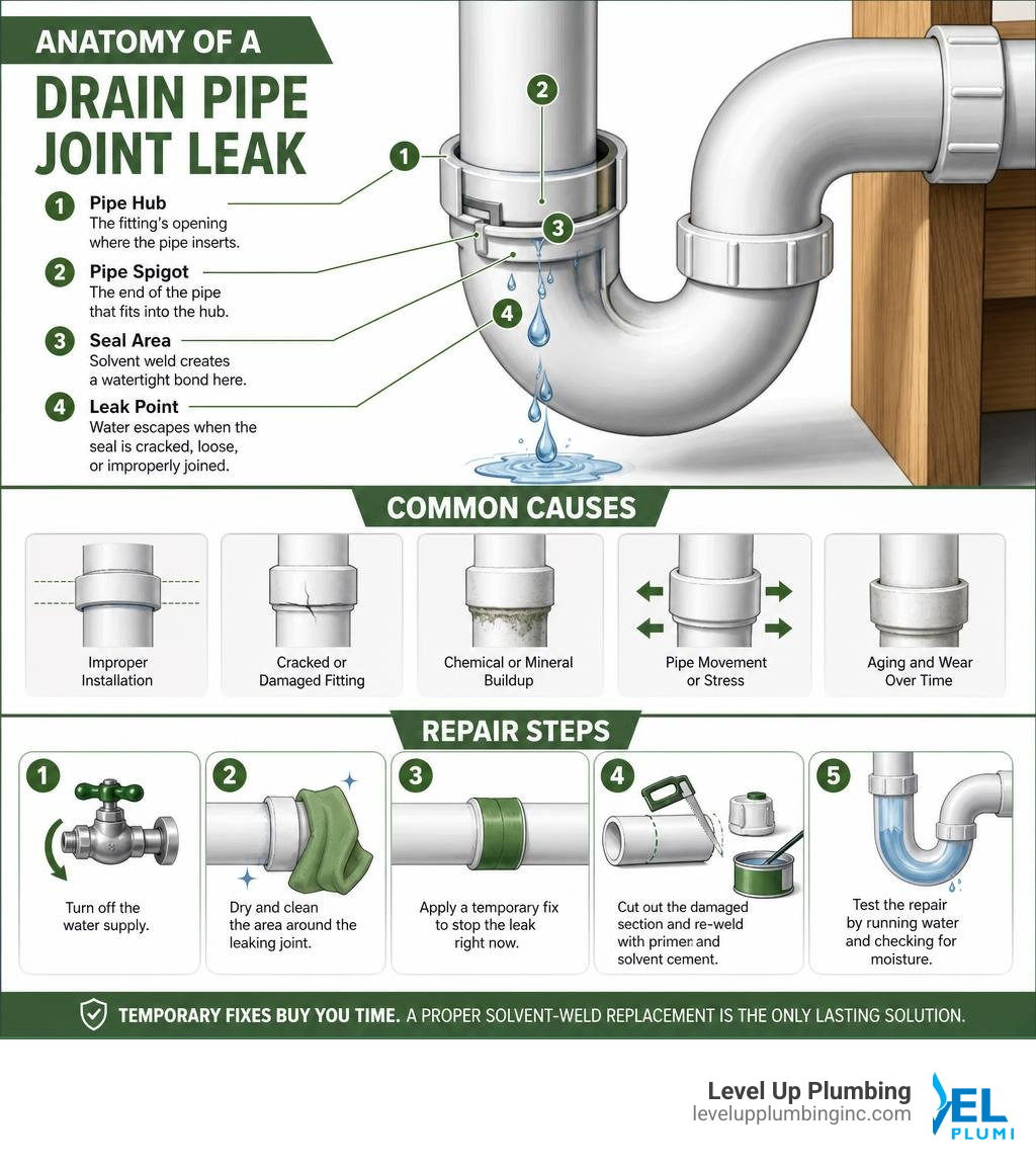 Infographic showing anatomy of a drain pipe joint leak, common causes, and repair steps infographic Infographic showing anatomy of a drain pipe joint leak, common causes, and repair steps infographic