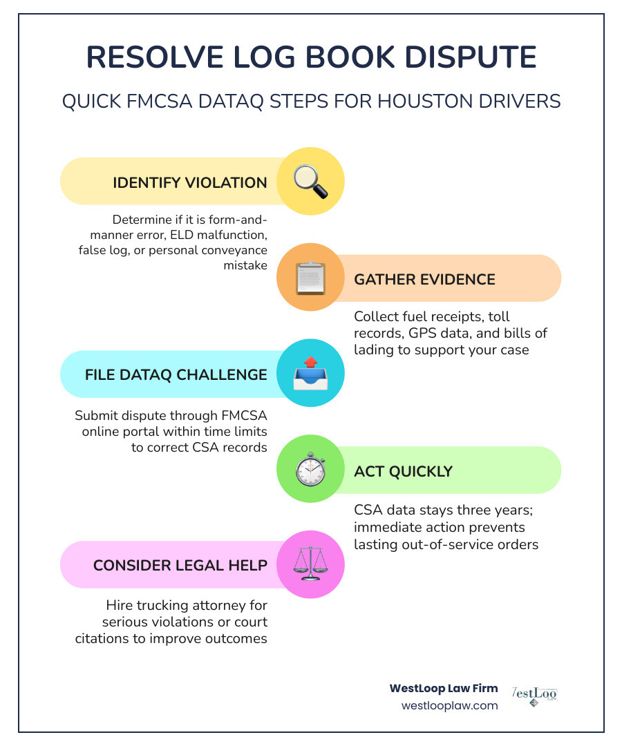 Step-by-step infographic showing the DataQ challenge process for trucking log book disputes infographic Step-by-step infographic showing the DataQ challenge process for trucking log book disputes infographic