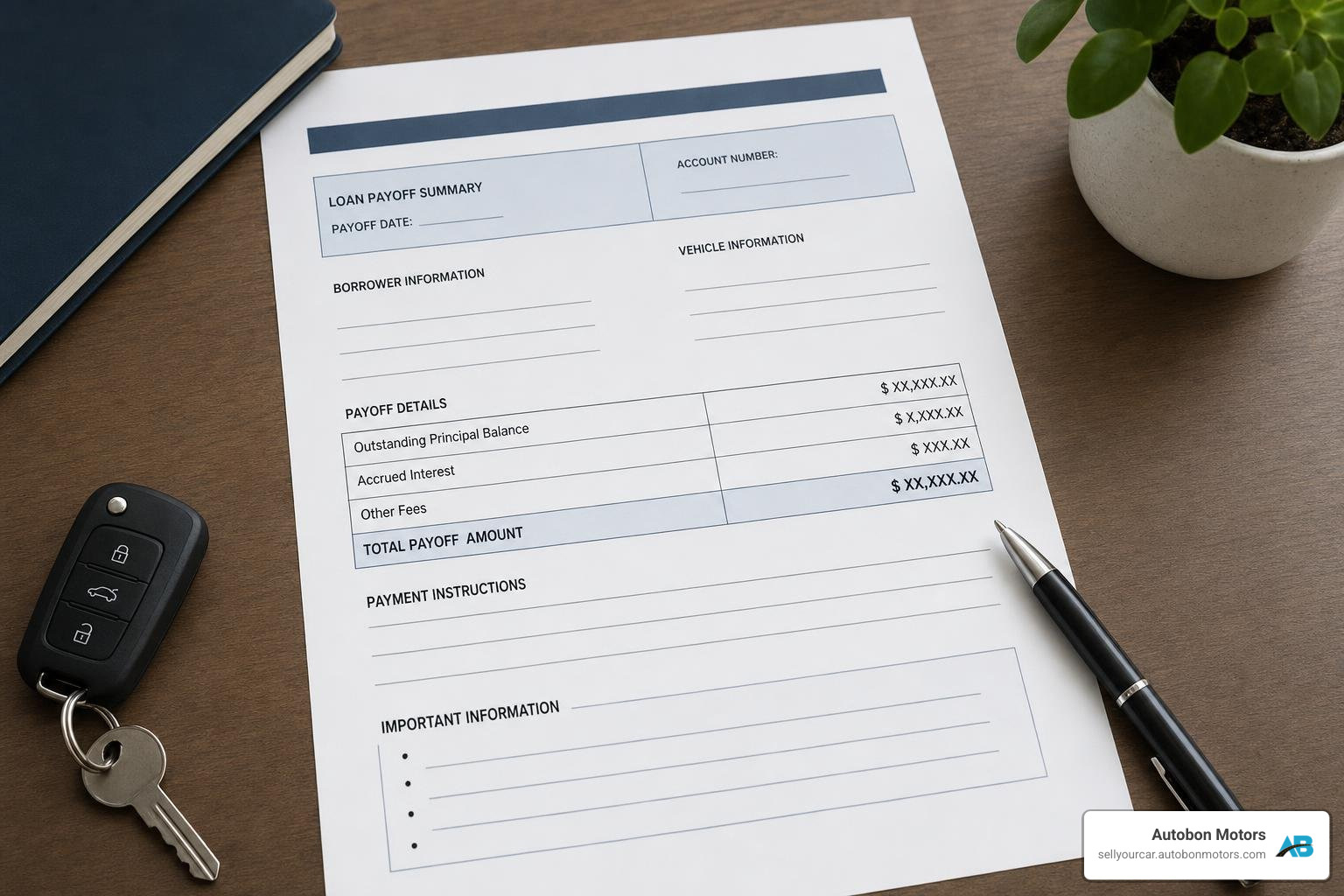 Official car loan payoff document showing outstanding balance and lender details Official car loan payoff document showing outstanding balance and lender details