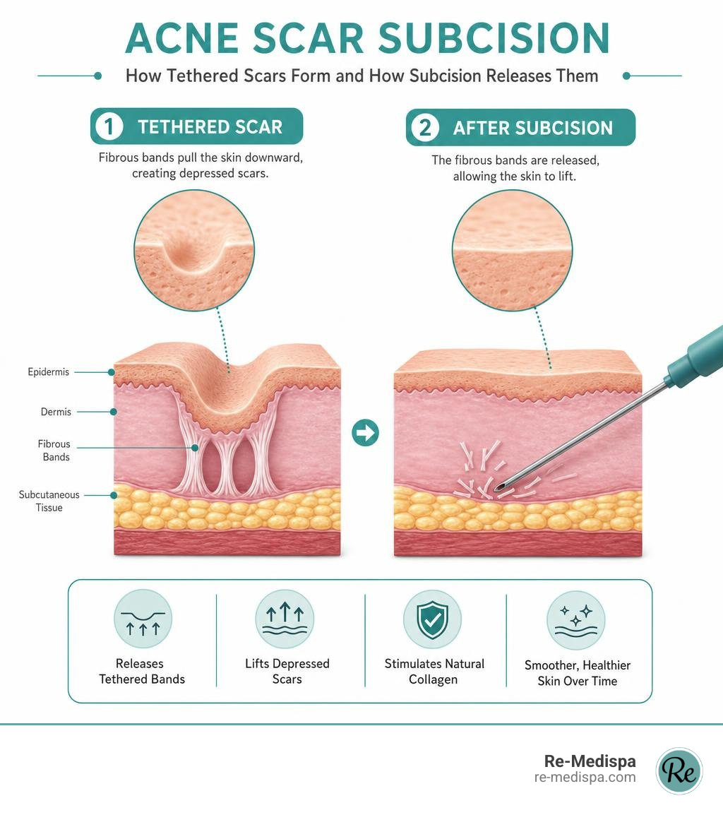 Infographic showing how tethered acne scars form under the skin and how subcision releases fibrous bands infographic Infographic showing how tethered acne scars form under the skin and how subcision releases fibrous bands infographic