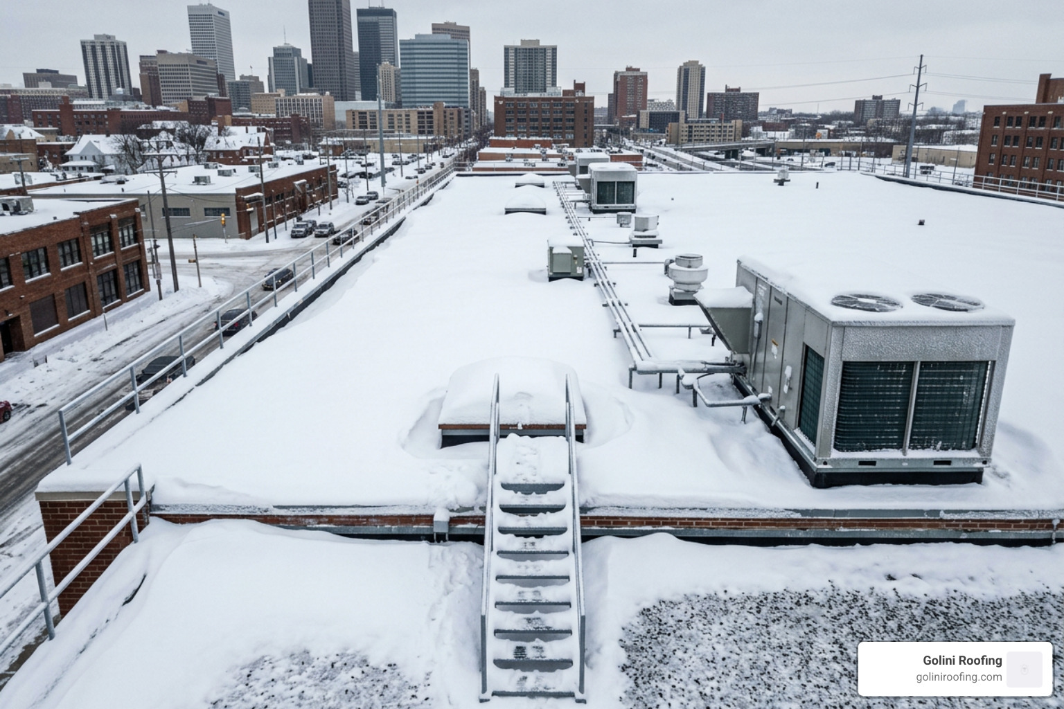 snow accumulation on a commercial flat roof snow accumulation on a commercial flat roof