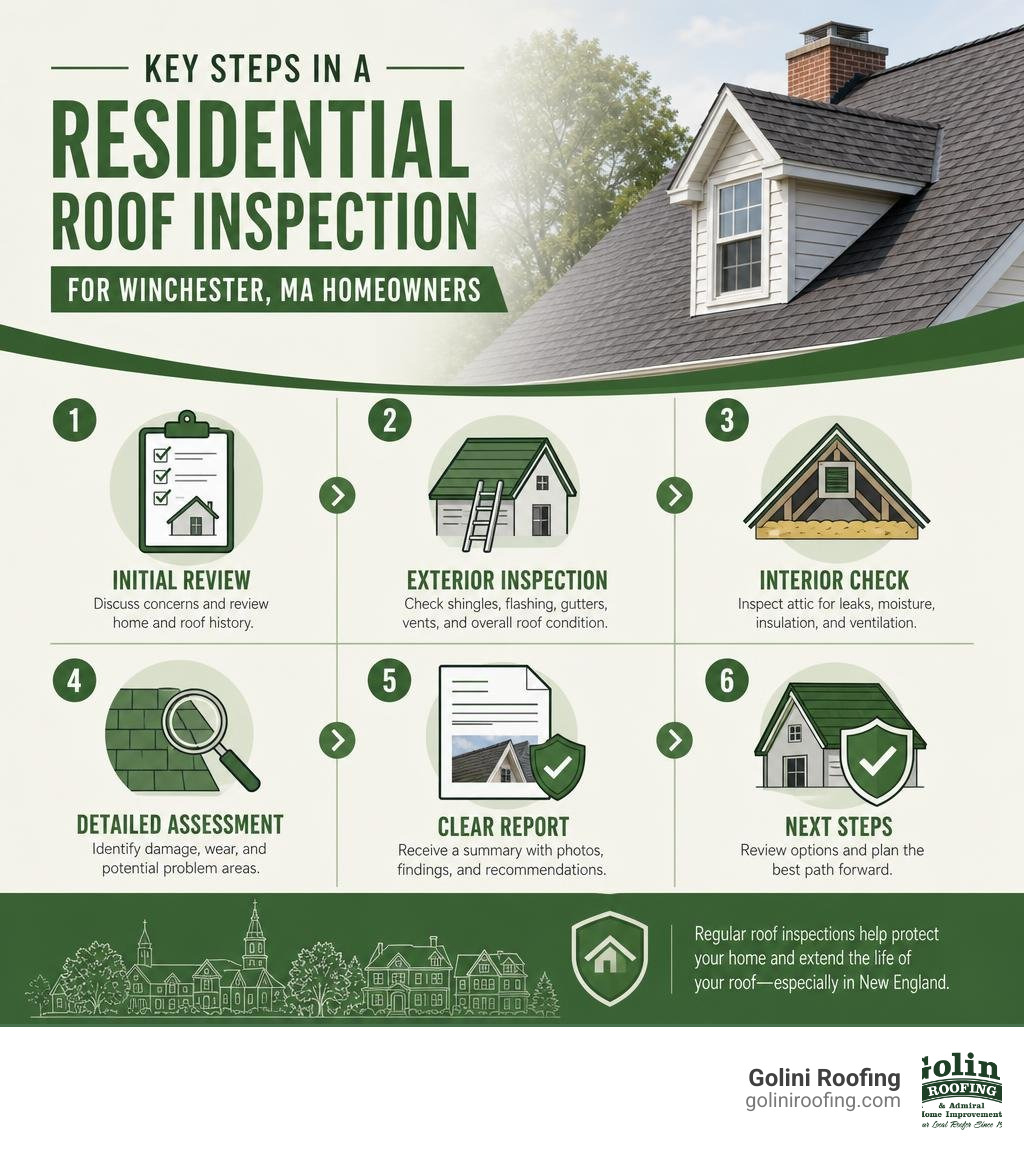 Key steps in a residential roof inspection process for Winchester MA homeowners infographic