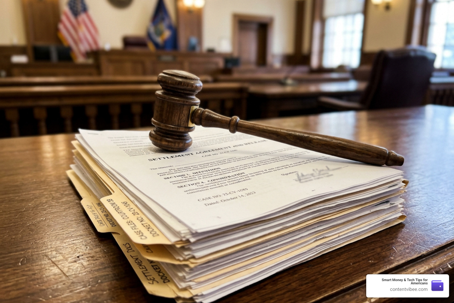 courtroom gavel and settlement documents