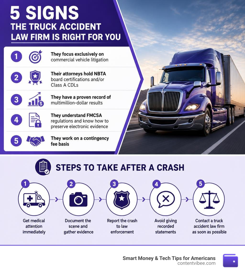 5 signs of the right truck accident law firm with steps to take after a crash infographic