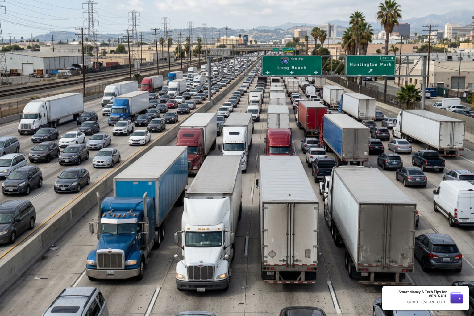 Heavy traffic and semi-trucks on the Interstate 710 freight corridor in Los Angeles
