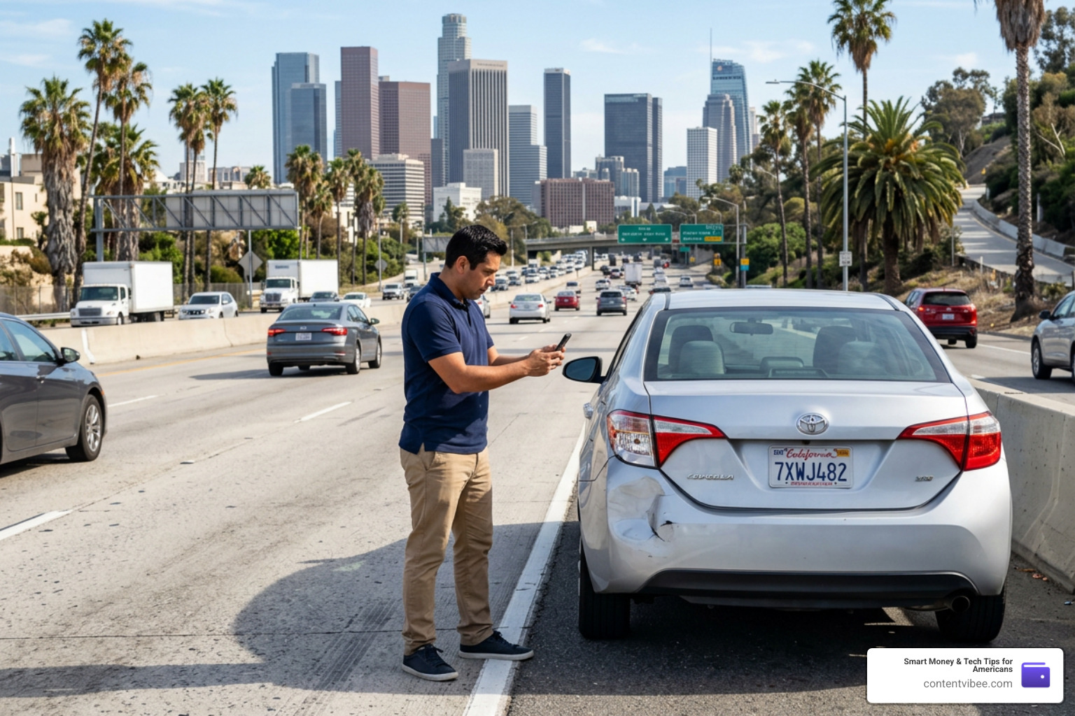 A driver safely taking photos of vehicle damage at a Los Angeles crash scene