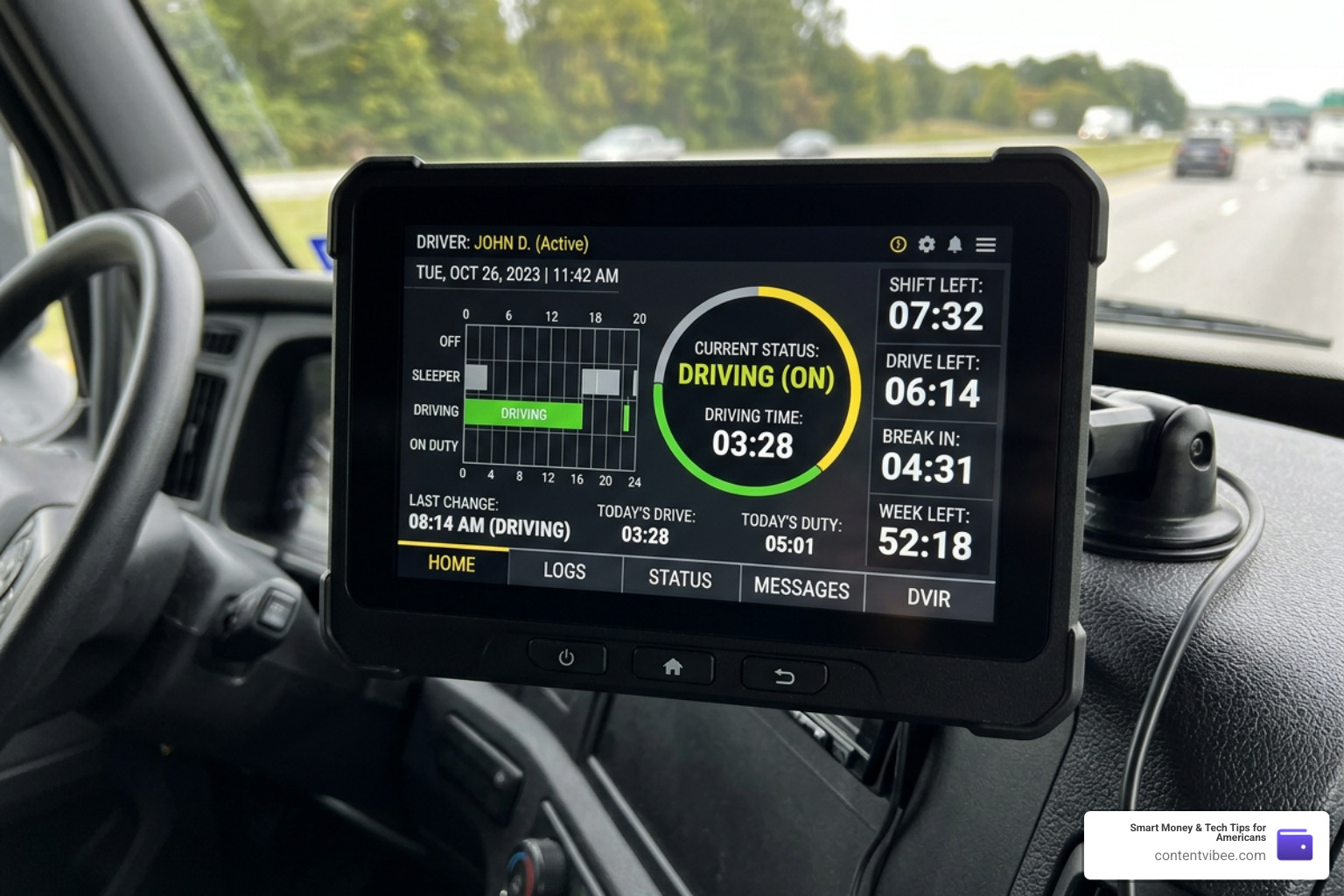A truck's electronic logging device showing driver hours