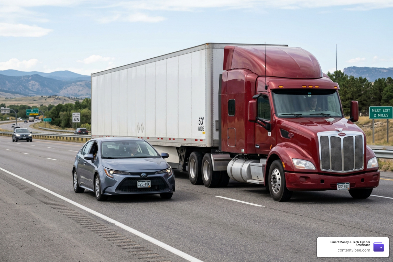 Comparison of passenger car and semi-truck sizes
