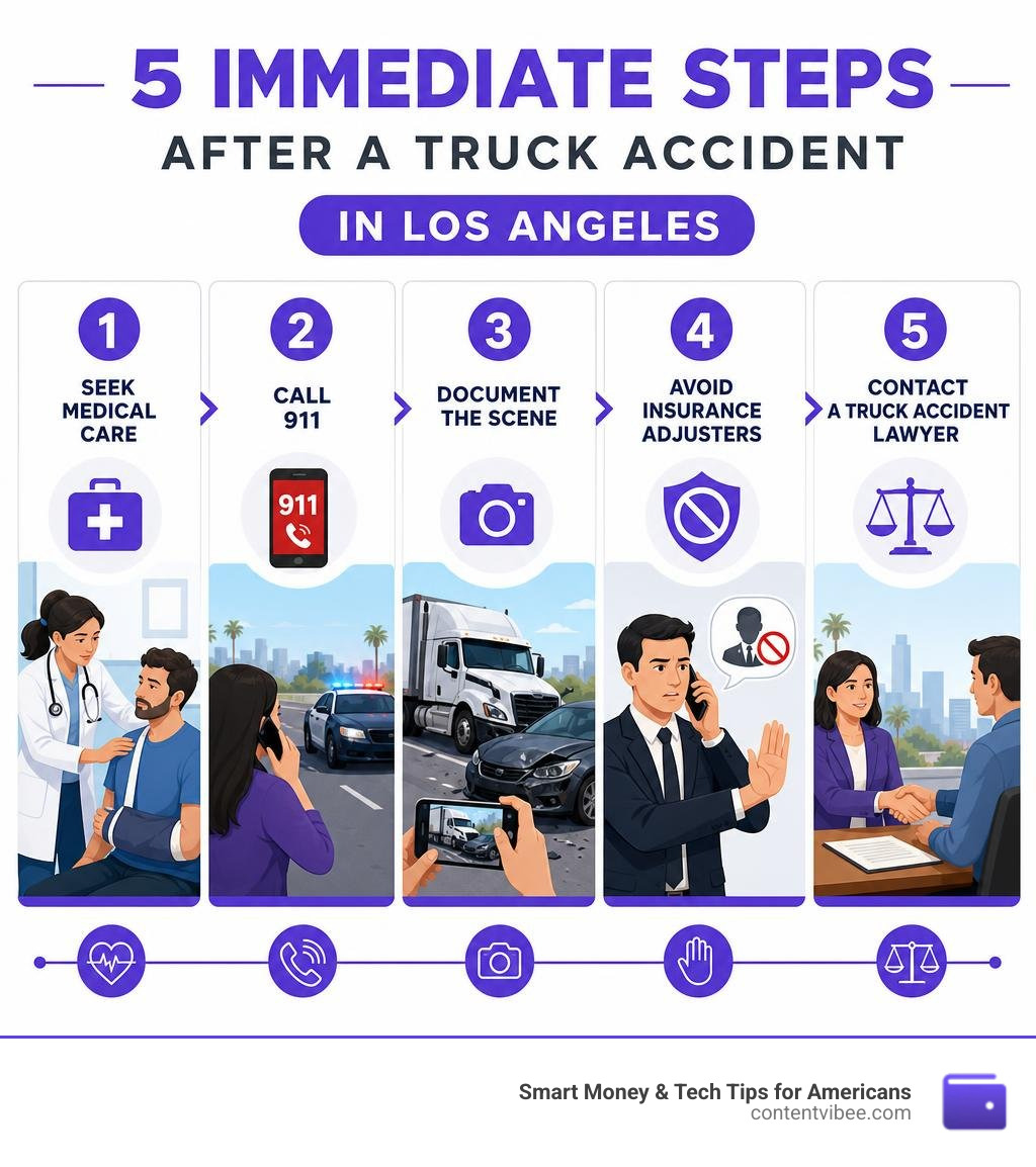 Infographic showing 5 immediate steps after a truck accident in Los Angeles: seek medical care, call 911, document the
