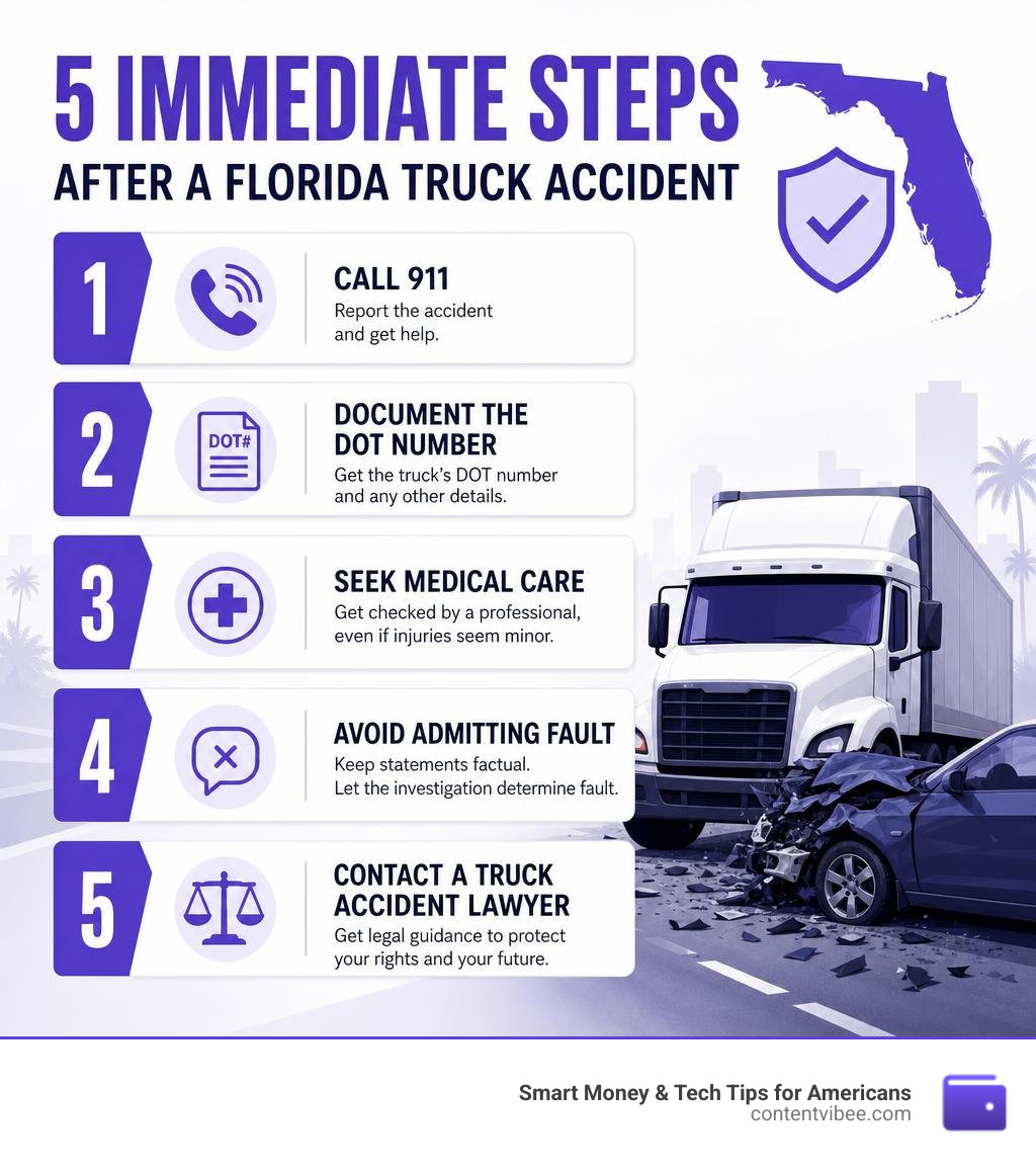 Infographic showing 5 immediate steps after a Florida truck accident: call 911, document the DOT number, seek medical care