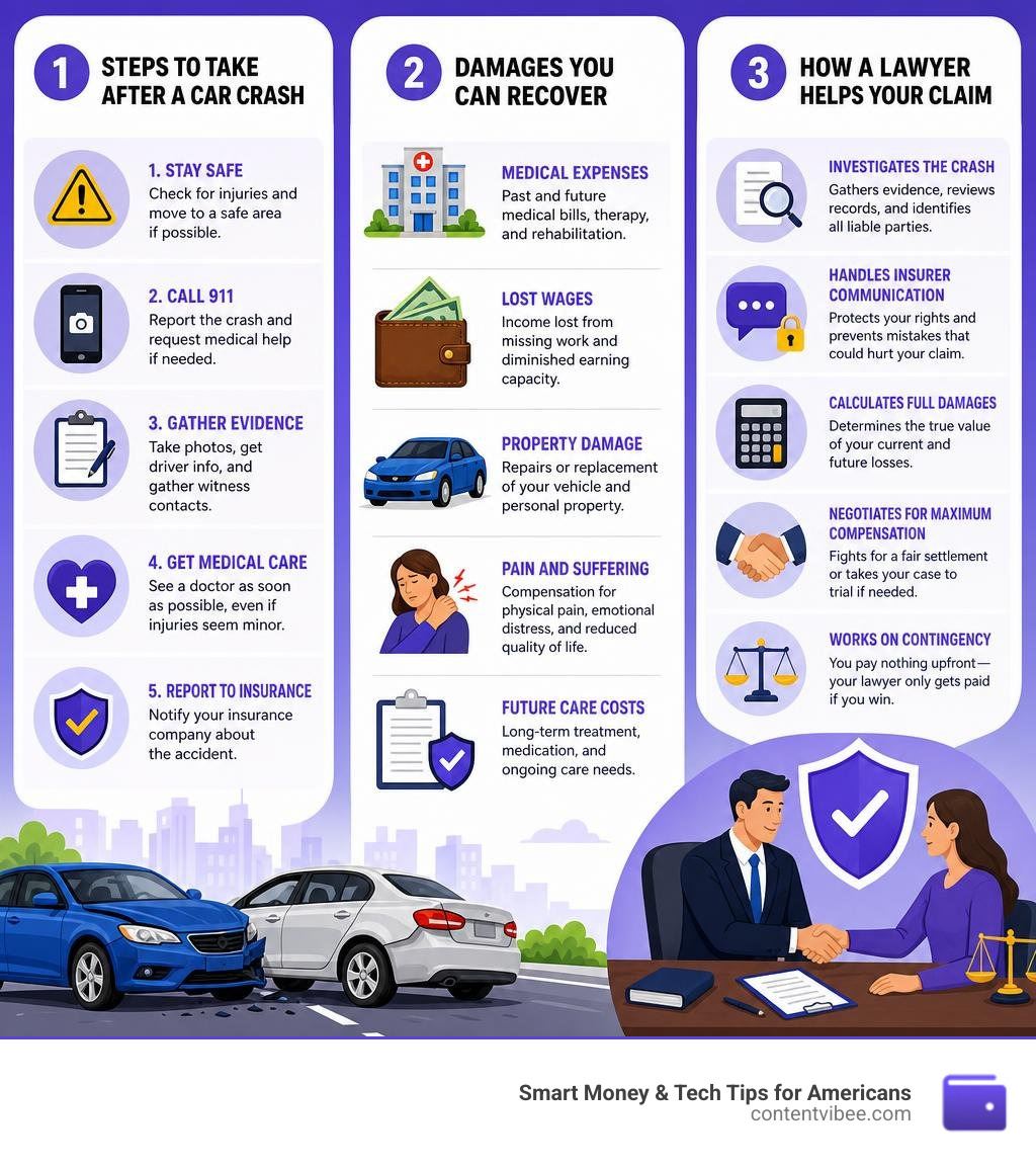 Steps to take after a car crash, damages you can recover, and how a lawyer helps your claim infographic