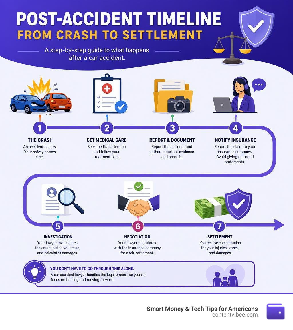 Post-accident timeline from crash to settlement infographic infographic