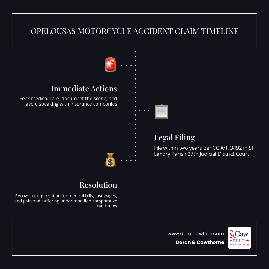 Timeline of an Opelousas motorcycle accident claim from crash to compensation infographic Timeline of an Opelousas motorcycle accident claim from crash to compensation infographic