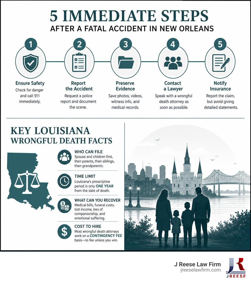 Infographic: 5 immediate steps after a fatal accident in New Orleans and key Louisiana wrongful death facts infographic