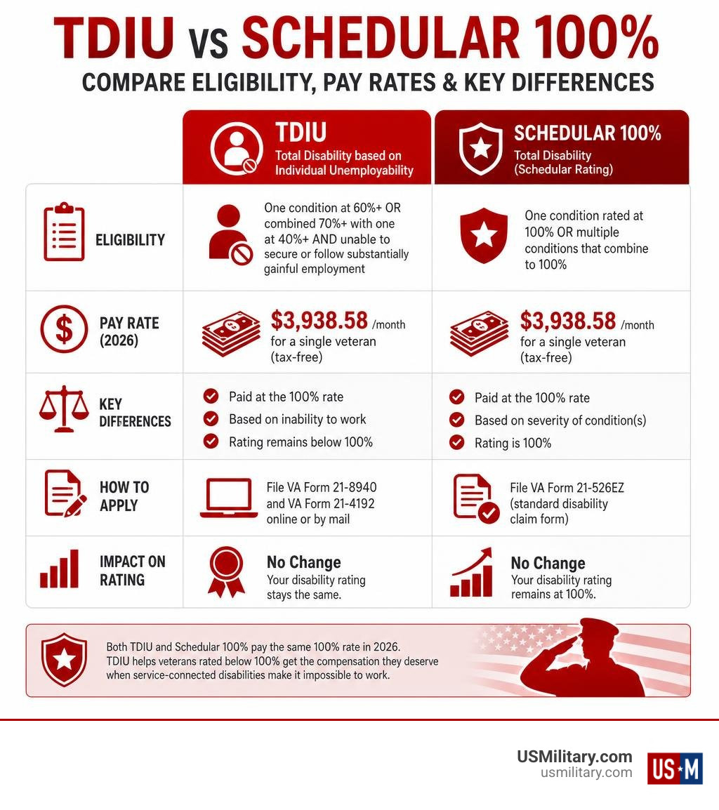 TDIU vs Schedular 100% comparison infographic showing eligibility, pay rates, and key differences infographic TDIU vs Schedular 100% comparison infographic showing eligibility, pay rates, and key differences infographic