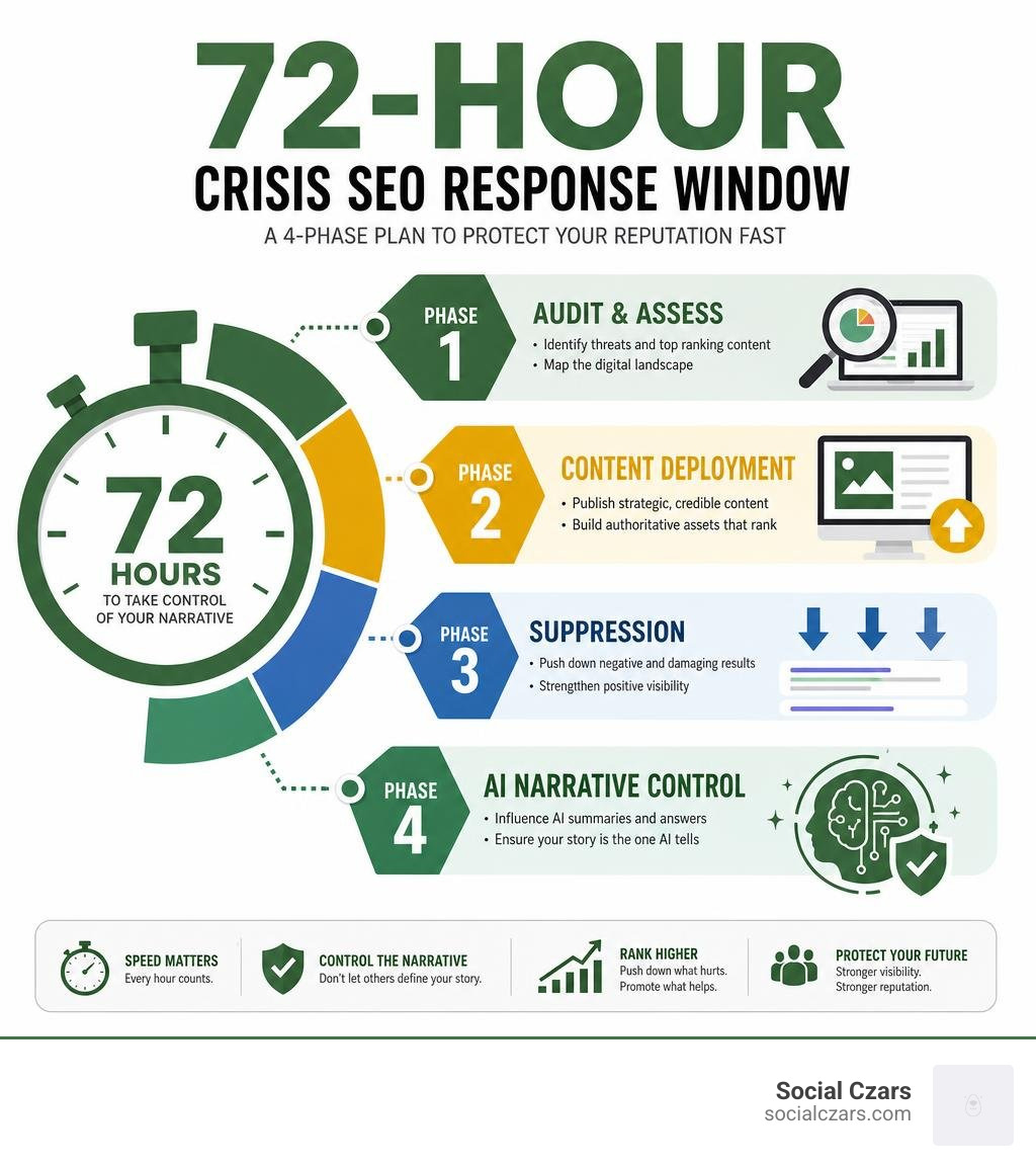 Infographic showing the 72-hour crisis SEO response window with key phases: audit, content deployment, suppression, and AI Infographic showing the 72-hour crisis SEO response window with key phases: audit, content deployment, suppression, and AI