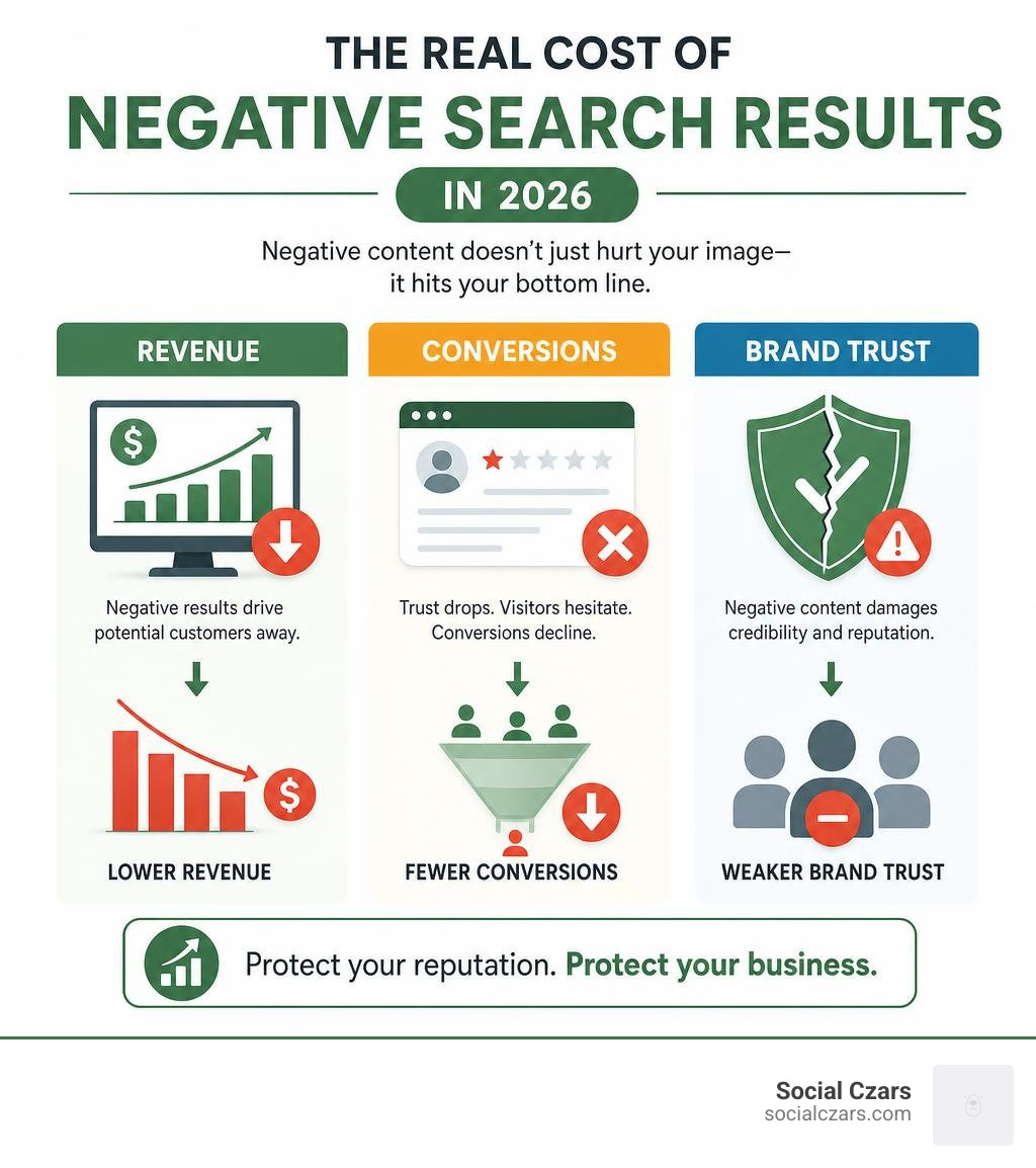 Infographic showing how negative search results impact revenue, conversions, and brand trust in 2026 infographic