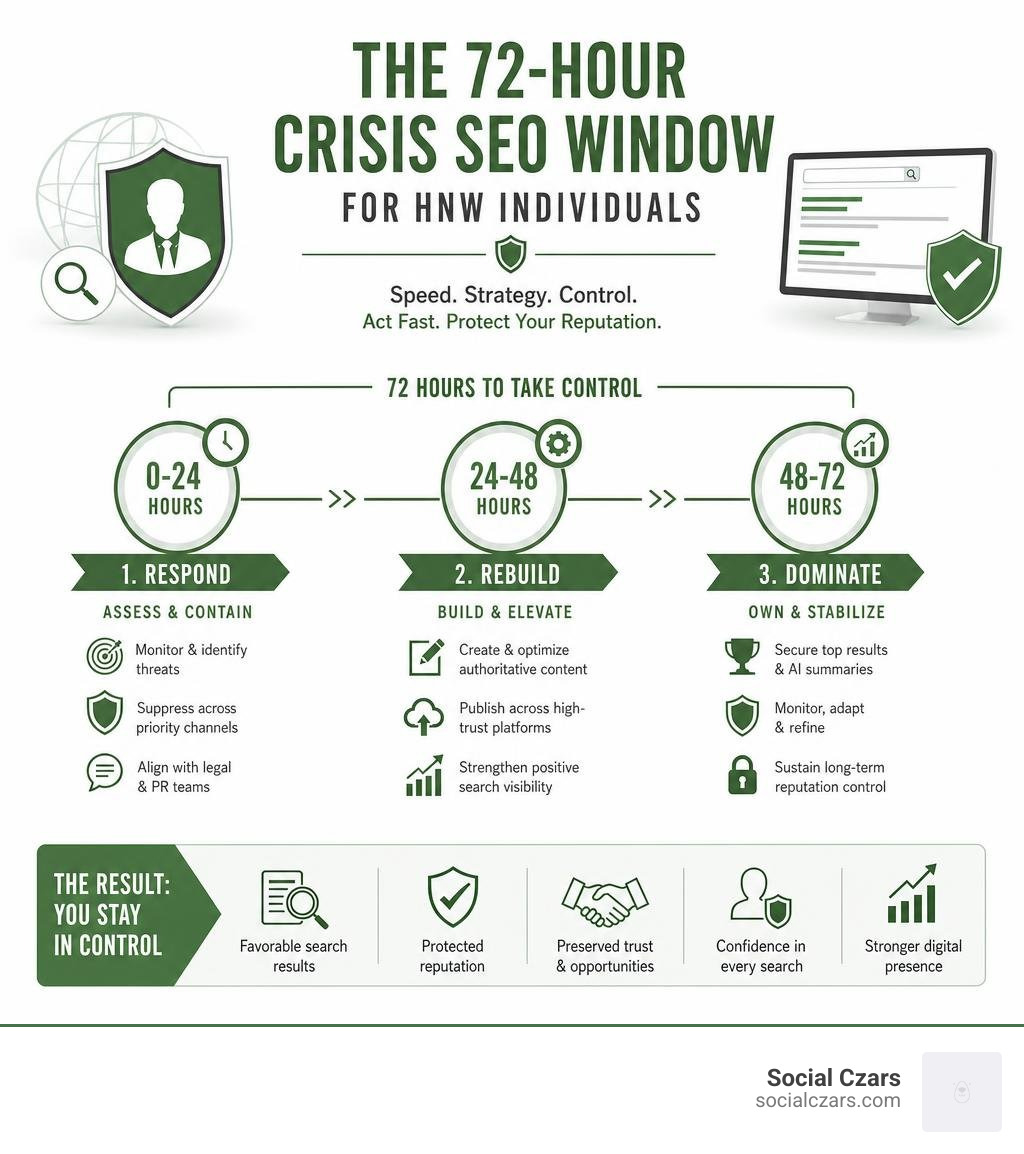 Infographic showing the 72-hour crisis SEO window for HNW individuals with key response phases infographic