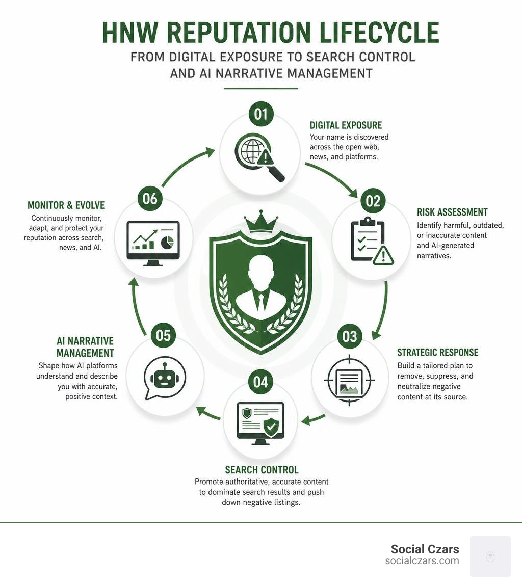 HNW reputation lifecycle from digital exposure to search control and AI narrative management infographic