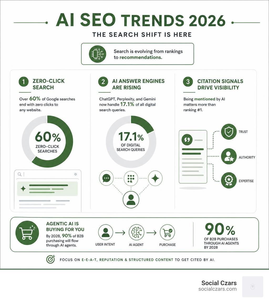 Key AI SEO trends 2026 infographic showing zero-click stats, citation signals, and AI market share infographic