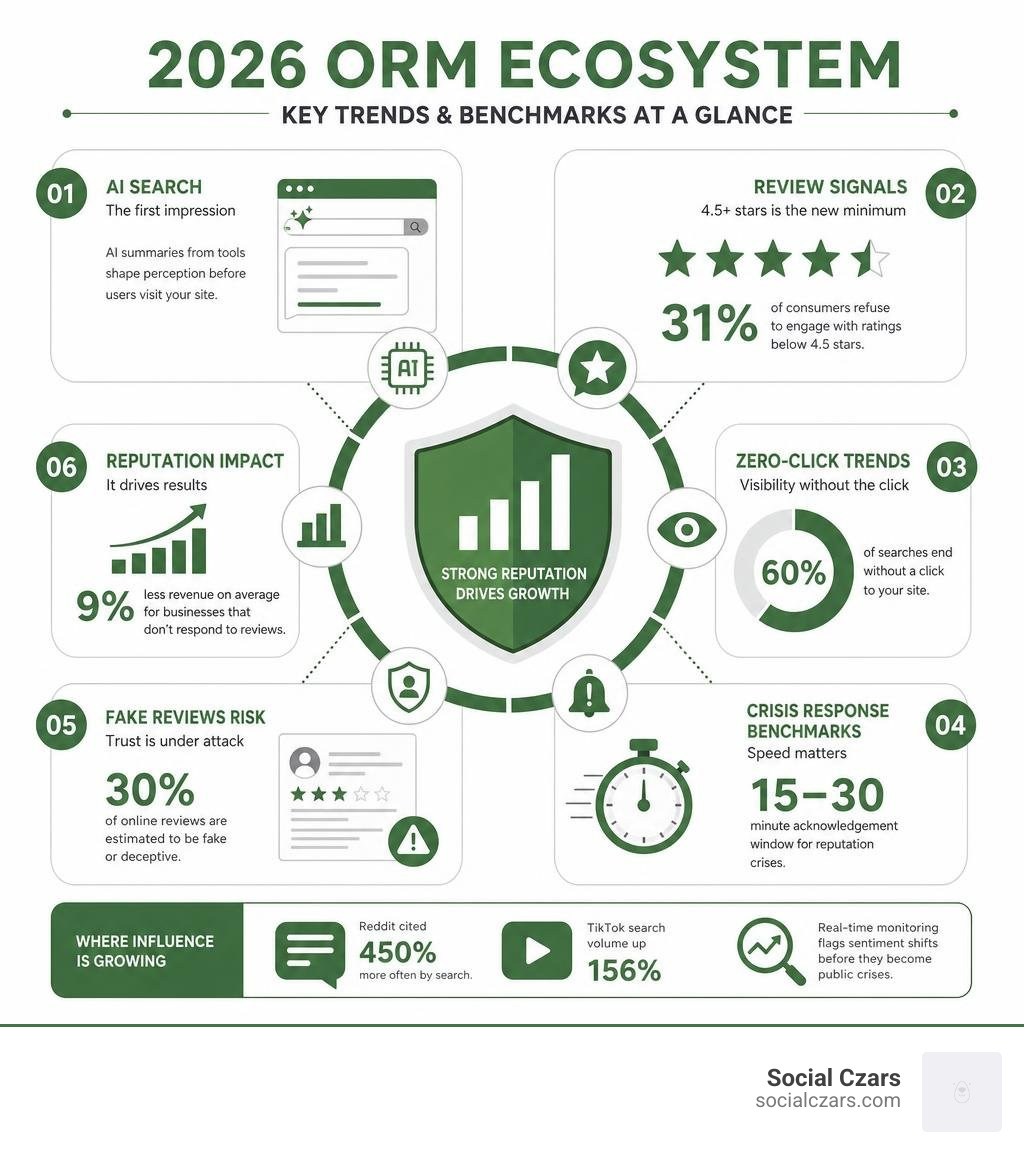 2026 ORM ecosystem infographic showing AI search, review signals, zero-click trends, and crisis response benchmarks