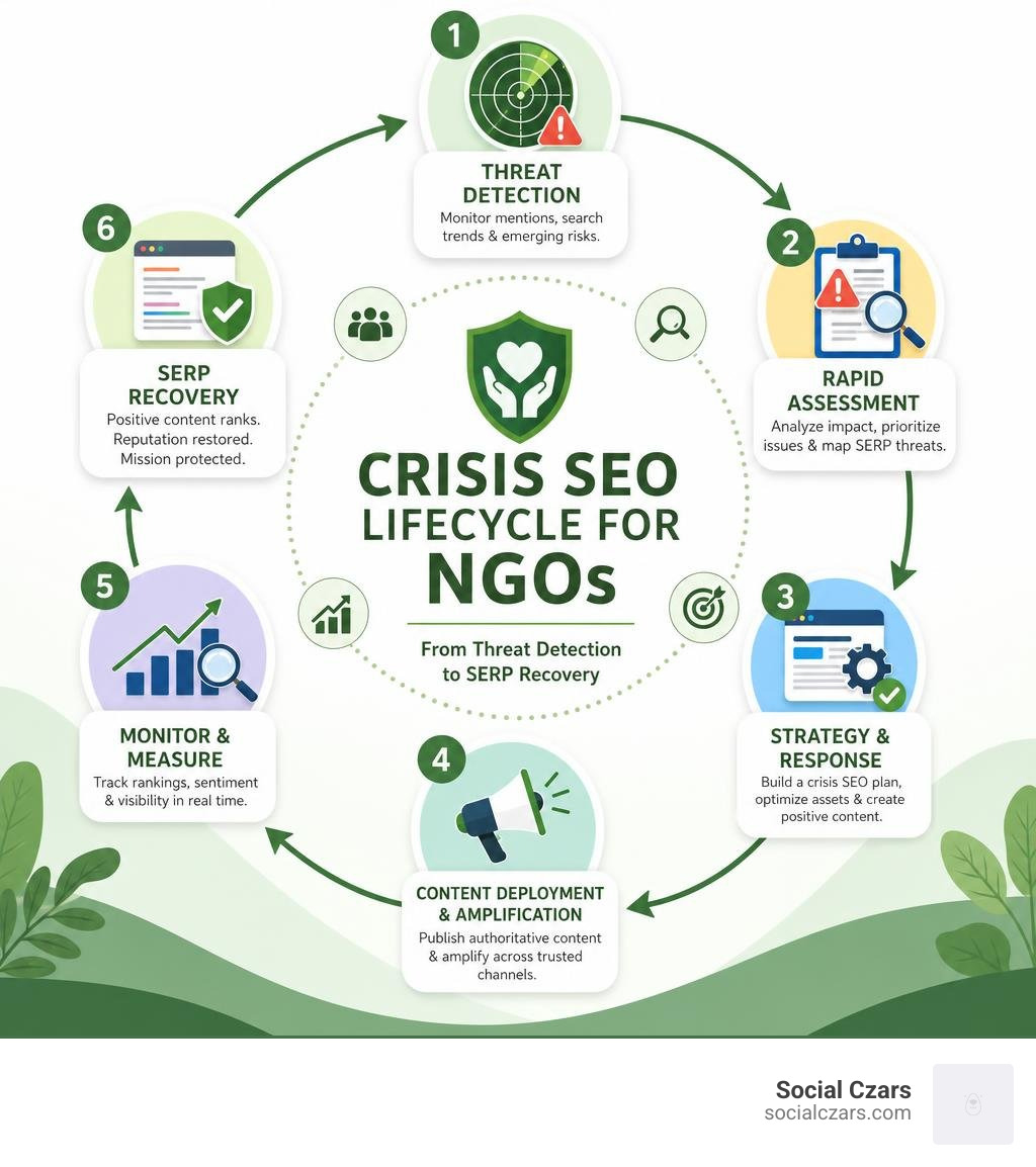 Crisis SEO lifecycle for NGOs showing stages from threat detection to SERP recovery infographic