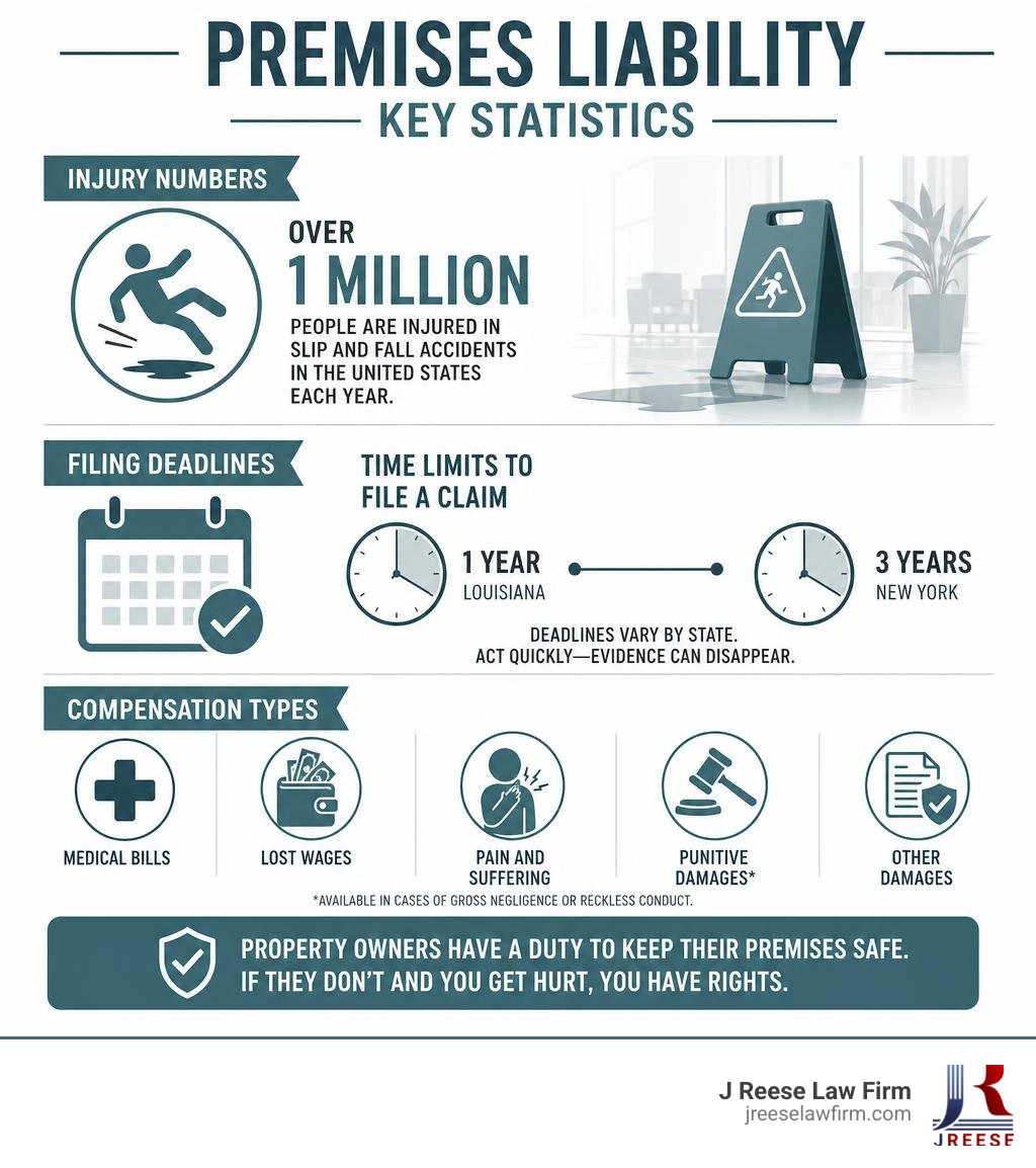 Premises liability key statistics infographic showing injury numbers, filing deadlines, and compensation types infographic Premises liability key statistics infographic showing injury numbers, filing deadlines, and compensation types infographic