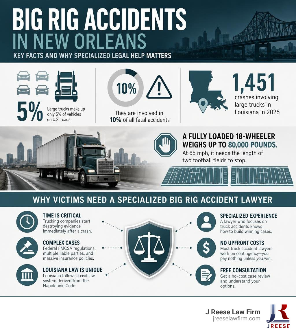 Key facts about big rig accidents in New Orleans and why victims need a specialized lawyer infographic Key facts about big rig accidents in New Orleans and why victims need a specialized lawyer infographic