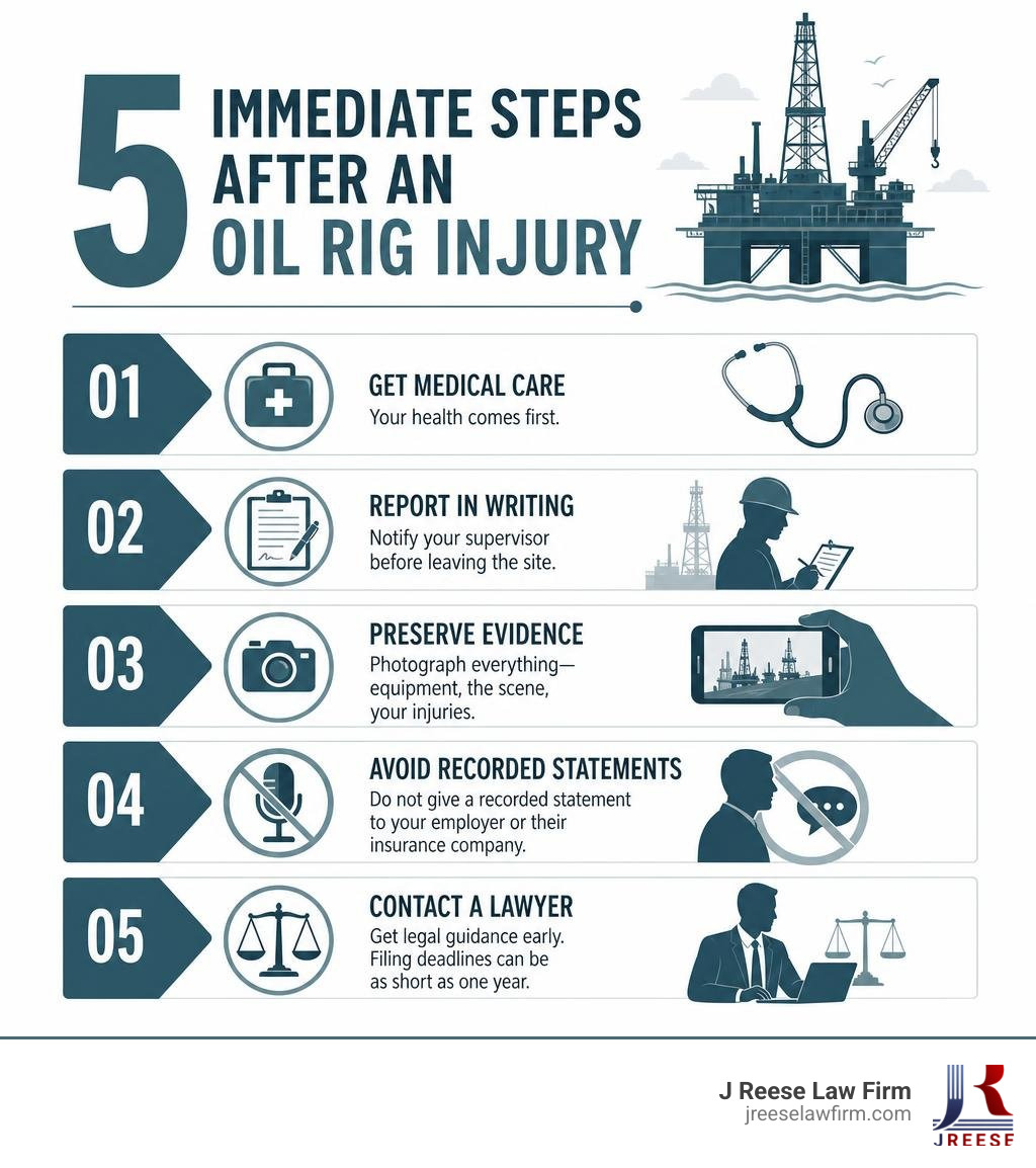 Infographic showing 5 immediate steps after an oil rig injury: get medical care, report in writing, preserve evidence, avoid