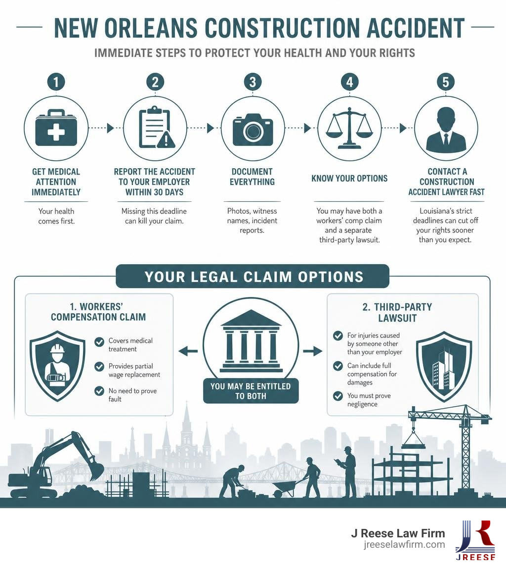 Infographic showing immediate steps after a New Orleans construction accident and legal claim options infographic