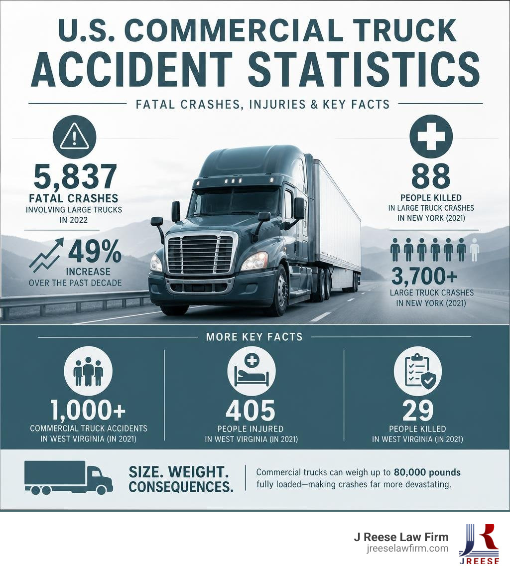 US commercial truck accident statistics infographic showing fatal crashes, injuries, and key facts infographic