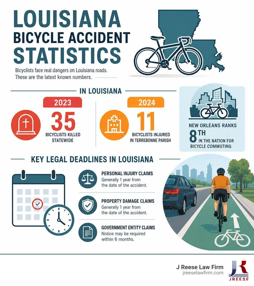 Louisiana bicycle accident statistics infographic showing fatalities, injuries, and key legal deadlines infographic